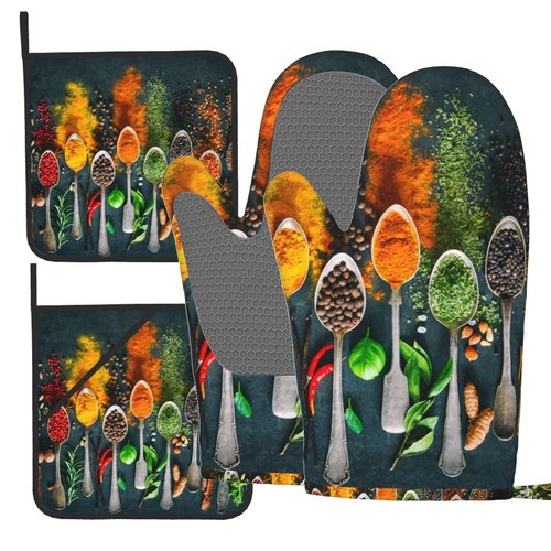 Different Kinds of Spices Placed in Spoon Oven Mitts and Pot Holders Sets of 4, Chili Pepper Silicone Oven Mitts Heat Resistant, Non-Slip BBQ Gloves for Kitchen Cooking Baking Grilling Microwave