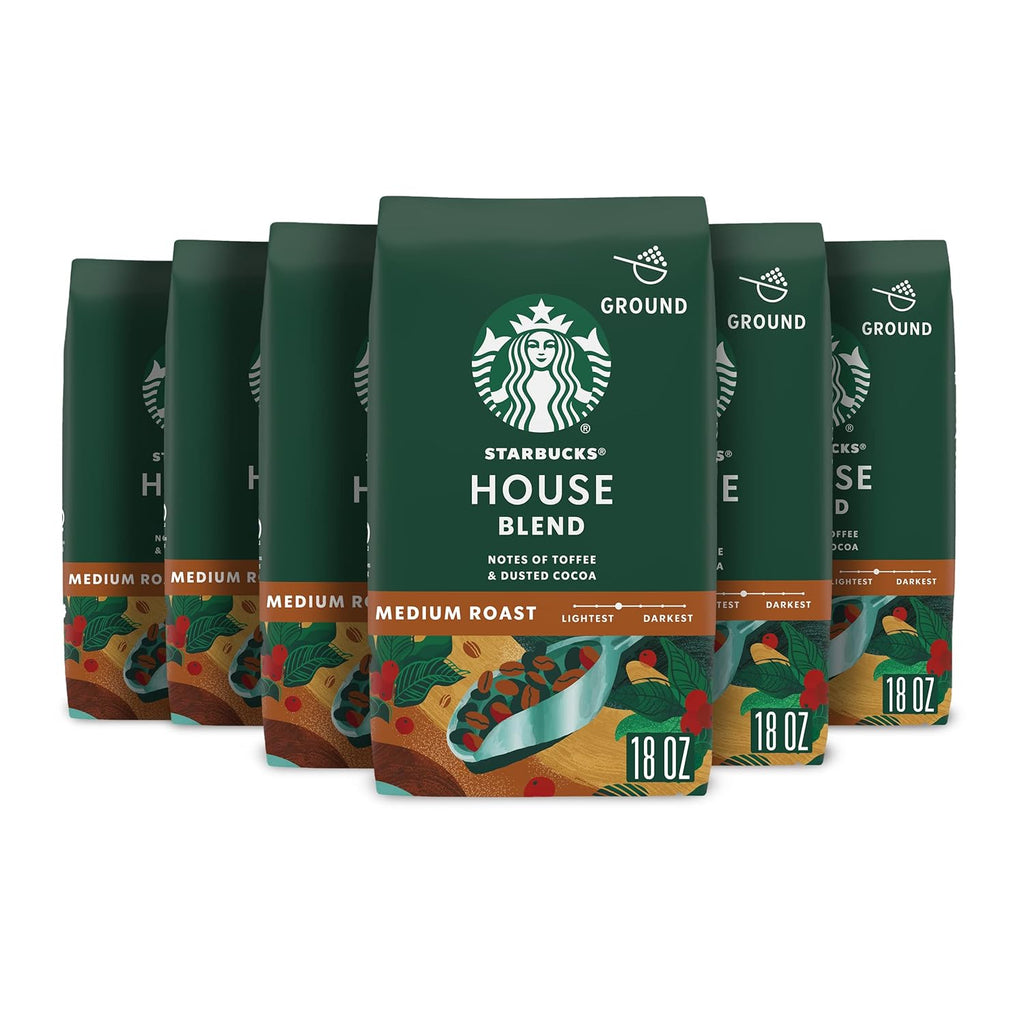 Starbucks Ground Coffee - Medium Roast House Blend for Hot or Iced Coffee | Six 18 oz Bags