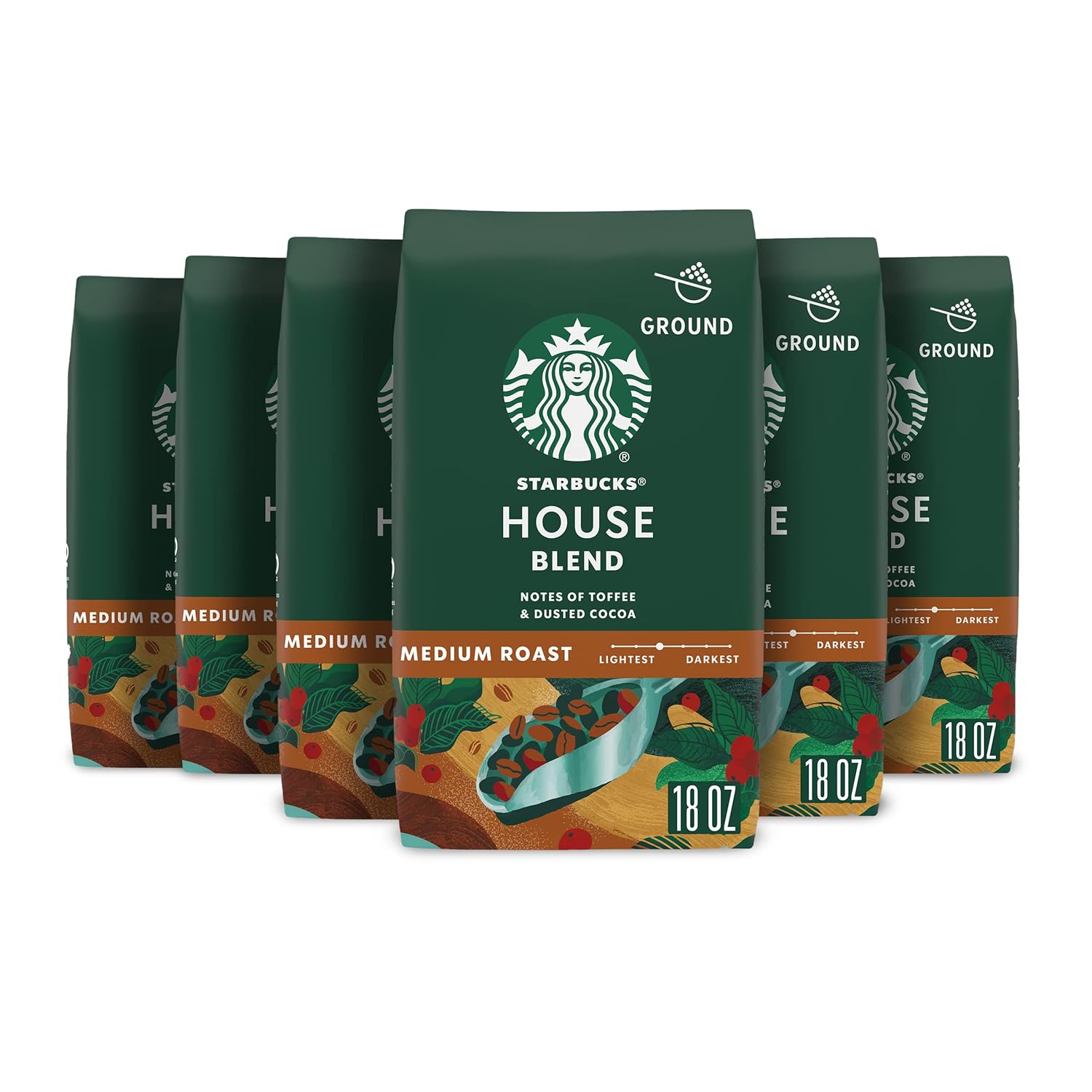 Starbucks Ground Coffee - Medium Roast House Blend for Hot or Iced Coffee | Six 18 oz Bags
