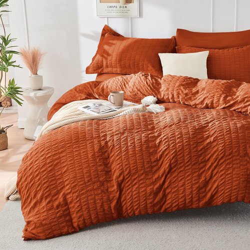 HYMOKEGE Comforter Set - Burnt Orange Seersucker Luxury Bedding | 7-Piece All-Season Full Size Set