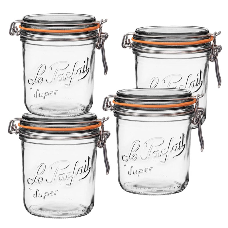 Le Parfait Super Terrine 750mL (24oz) Zero Waste Eco-Friendly Glass Canning Jars, Airtight Rubber Seal & Wire Bail Lid, BPA-Free, Water Bath Safe for Food Storage & Preserving, Made in France, 4PK