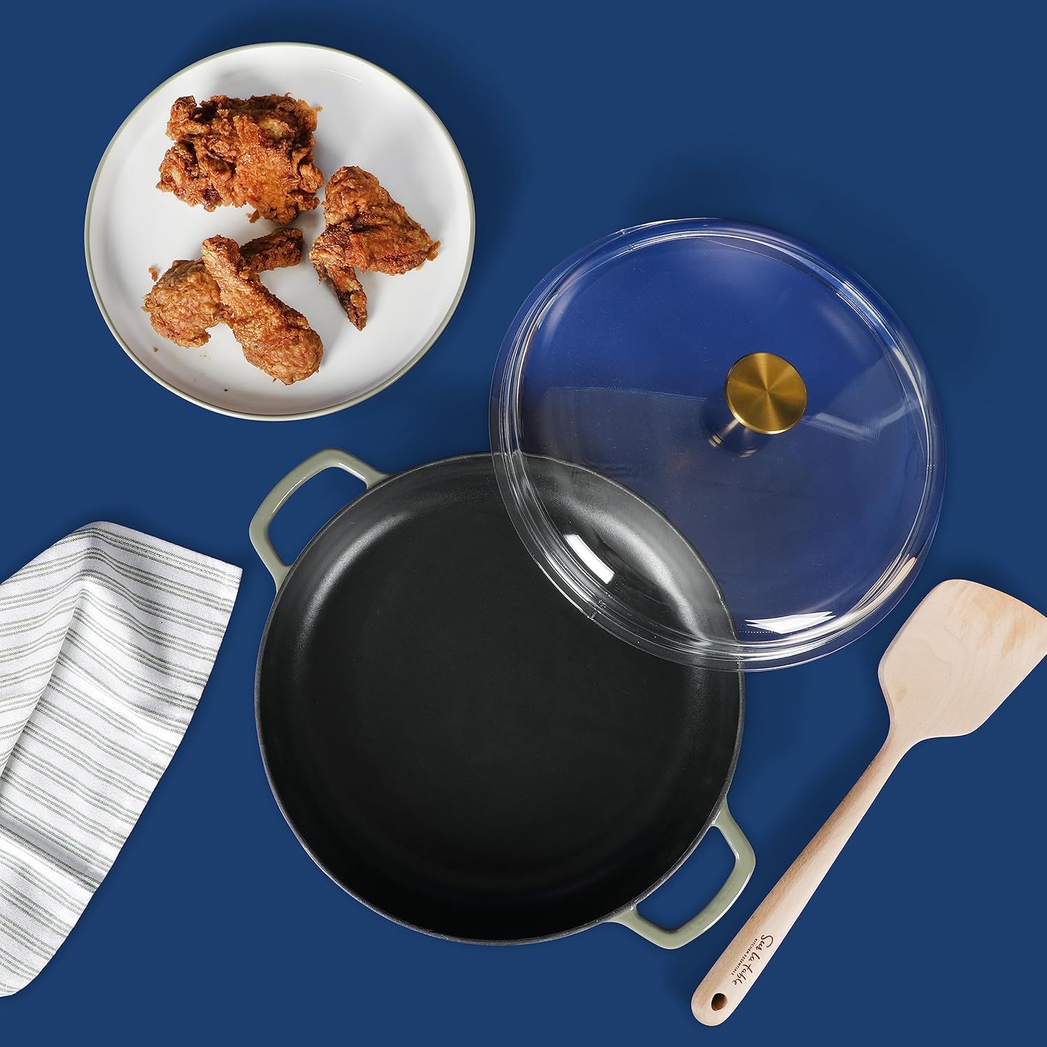 Sur La Table Enamel Cast Iron Braiser Pan - 3.75 Quart Multi-Purpose Non-Toxic Nonstick with Glass Lid | Juniper Green