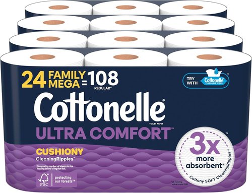 Cottonelle Ultra Comfort Toilet Paper - Cushiony Cleaning Ripples Texture | 24 Mega Rolls (108 Regular Rolls)