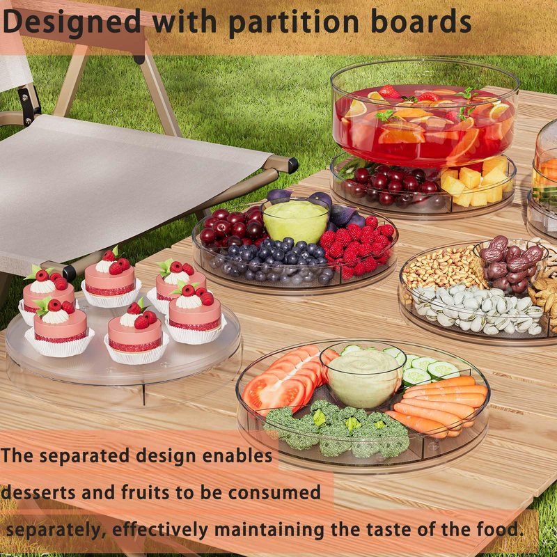 Spormmkuy 360°Rotatable Cake Stand with Dome Lid, 9in Cake Plates, Chilled Divided Veggie Fruit Serving Tray,Multi-Functional Snack Serving Platter with Cover,Lazy Susan Serving Tray