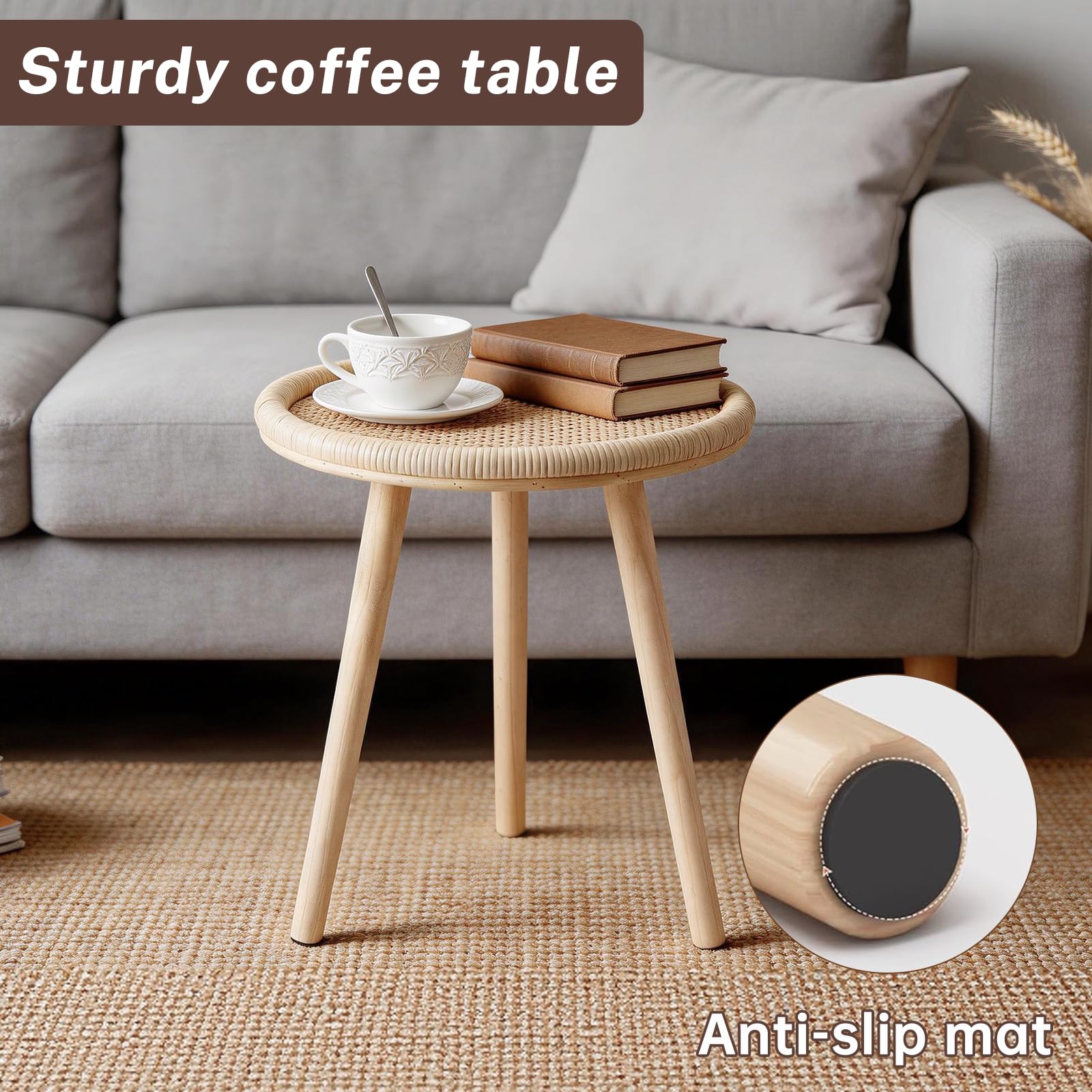 HuiDao Small Side Table, Rattan Round Coffee Table, Boho Circle Side Tables End Table for Living Room, Mid Century Accent Table for Bedroom Balcony