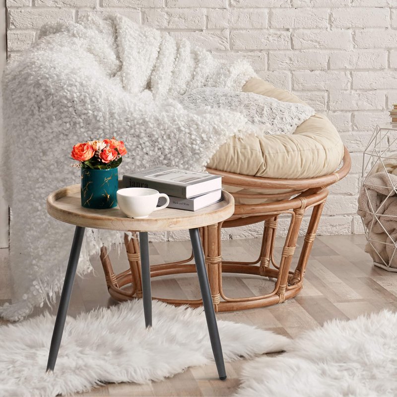 LITA Log Desktop Round Side End Table, Nightstand Tables, Indoor Outdoor Round Side Table, Wooden Tray Table with Black Metal Stand End Table for Living Room Bedroom Office Small Spaces (L)