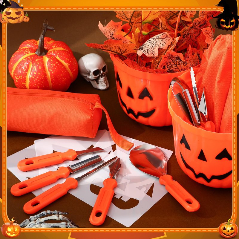 Ripeng 54 Pcs 6 Set Halloween Pumpkin Carving Kit Professional Heavy Duty Carving Tools Set Included Stainless Steel Pumpkin Tools with Storage Bag Bucket Stencils for Party Halloween Decor