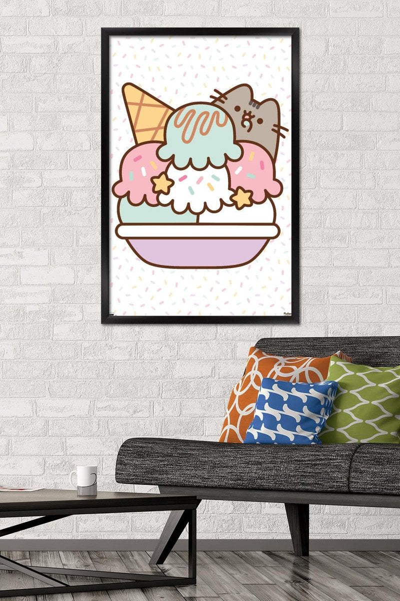 Pusheen - Ice Cream Wall Poster, 34L" x 22.4W", Black Framed Version