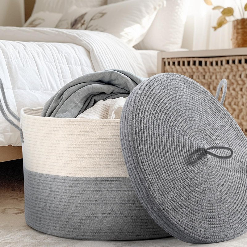Noonkty XXL Cotton Rope Basket with Lid, Grey, 21.7" x 13.8" Square, Modern, Living Room, Bedroom, Nursery Storage