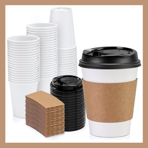 Pokanic Paper White Cups [12 oz] with Lids and Sleeves x [25 Set] Disposable Hot Cold Coffee Water Beverage Drinking for School Office Home Kitchen Cafe Restaurant (25 Pack, 12 oz)