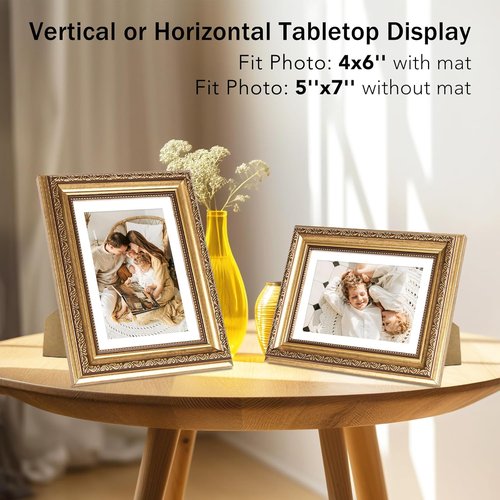 JCJMY Vintage Picture Frame - Elegant 5x7 Photo Frame with 4x6 Mat | Shatter-Resistant Plexiglass, Gold