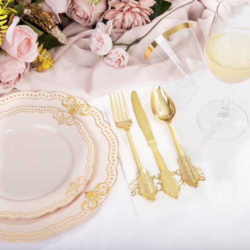 Ciaell 175 PCS Pink and Gold Plastic Plates - Fancy Gold Disposable Dinnerware Set with of 50 Plates, 25 Knives, 25 Forks, 25 Spoons, 25 Cups, 25 Napkins for Party & Weddings & Easter
