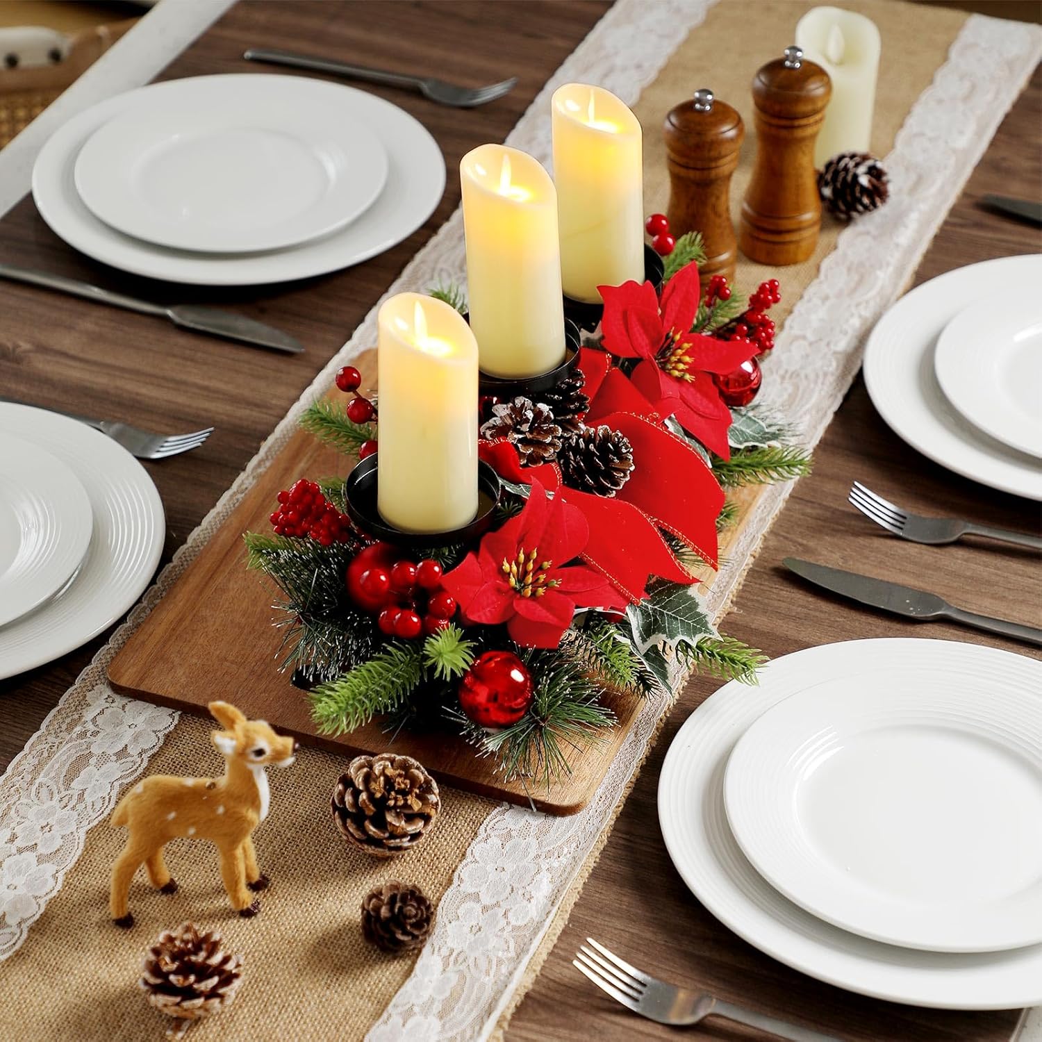 Regine Switzerland Christmas Centerpiece - 3 Candle Holders with LED Candles & String Lights | Poinsettia Red Buffalo Plaid Design