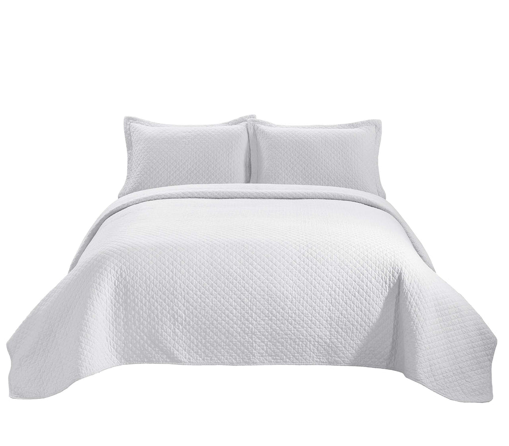 Chezmoi Collection Avon 3-Piece Diamond Stitch Pattern Soft-Finished Vintage Washed 100% Cotton Quilt Set (Queen, White)