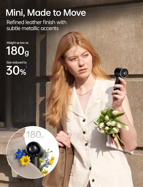 JISULIFE Handheld Fan Pro1 Mini - 30-Hour Cooling Power, Elite PU Leather, Portable Design | Black