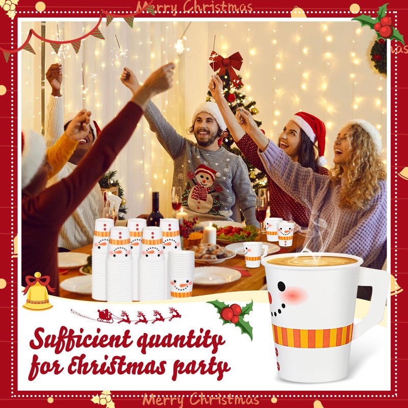 Zhehao 120 Pcs 9 oz Christmas Espresso Paper Cups with Handles Christmas Cups Disposable Tea Cups Disposable Coffee Mugs for Kids Adults Beverage Holiday Xmas Party Supplies (Snowman)