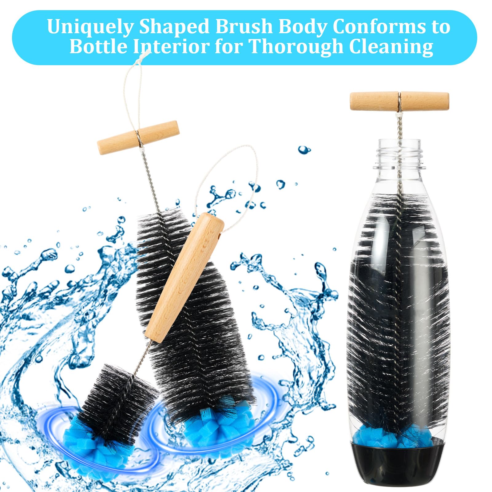 Mimorou 2 Pack Sponge Bottle Brush Compatible with SodaStream, Soda Bottle Cleaner Brush with Gentle & Anti-Scratch Bristles, Wood Handle for Glassware Cleaning, Black