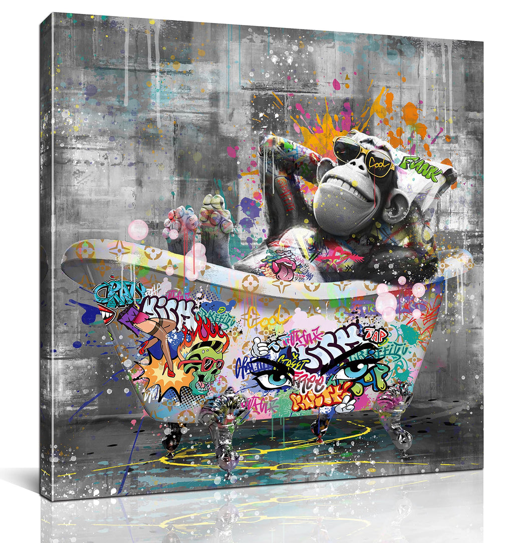 Kepgonegu Bathroom Wall Art Funny Gorilla in the Bathtub Graffiti Canvas Wall Art Black and White Wall Art Ready to Hang Size 30”W x 30”H