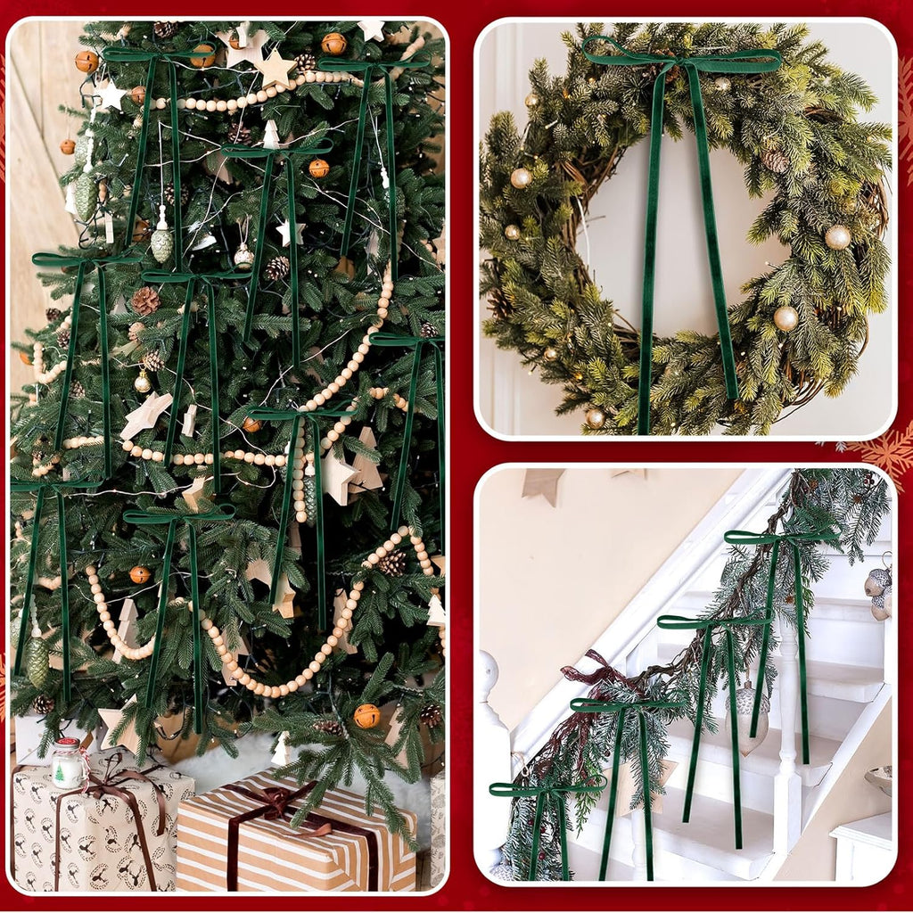 Skiennix 24 Pcs Velvet Bows - Vintage Ribbon Bows for Christmas Tree & Crafts | Dark Green, 9 x 13 Inch