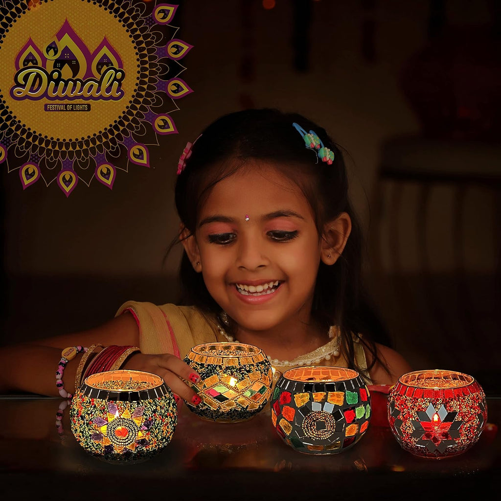 SHMILMH Glass Candle Holders - Handmade Mosaic Votive Set of 4 | Perfect for Diwali & Christmas Table Decor