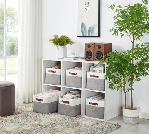 DECOMOMO Storage Baskets - Large Fabric Storage Bins for Organizing Linen Closets | Grey & White - 3 Pack