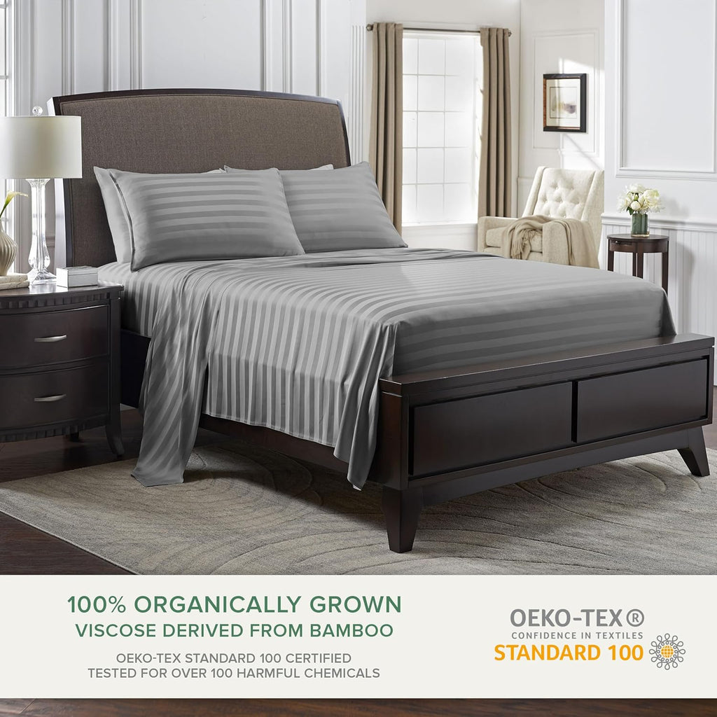 Pure Bamboo California King Sheets - 100% Organic Viscose Bed Sheet Set, Soft & Cooling, Jacquard Stone
