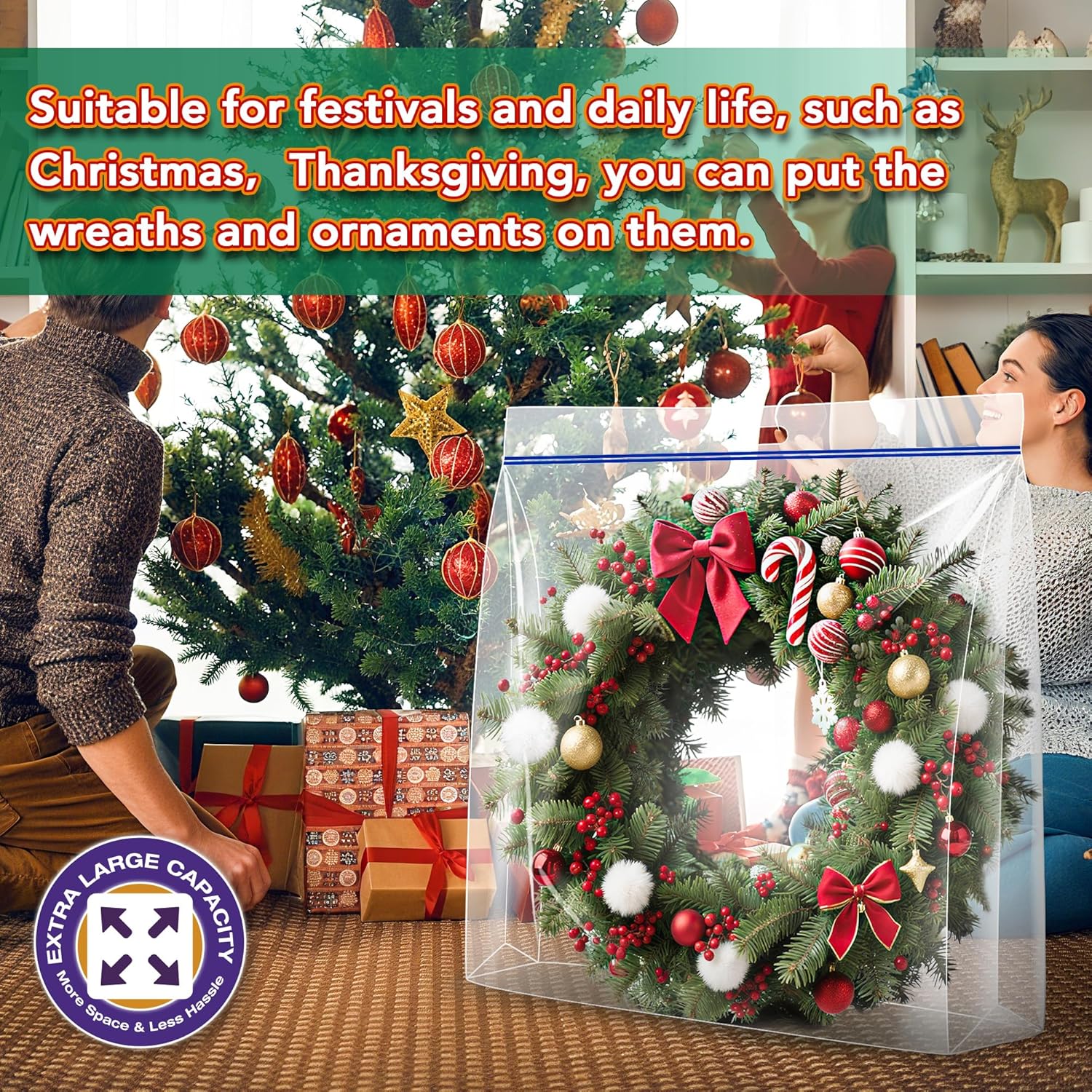 Skiennix Extra Large Clear Wreath Storage Bag - Durable Plastic with Handle | 34"x34"x8.5" | 4 Pack for Holiday Decor & Bedding