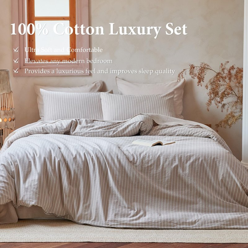 QKTE Striped 100% Washed Cotton Duvet Cover Set King Size 3Pcs(1 Comforter Cover&2 Pillowcases), Natural Cotton Bedding Set Soft Breathable Farmhouse Zipper Closure All Seasons(Khaki-White,King)