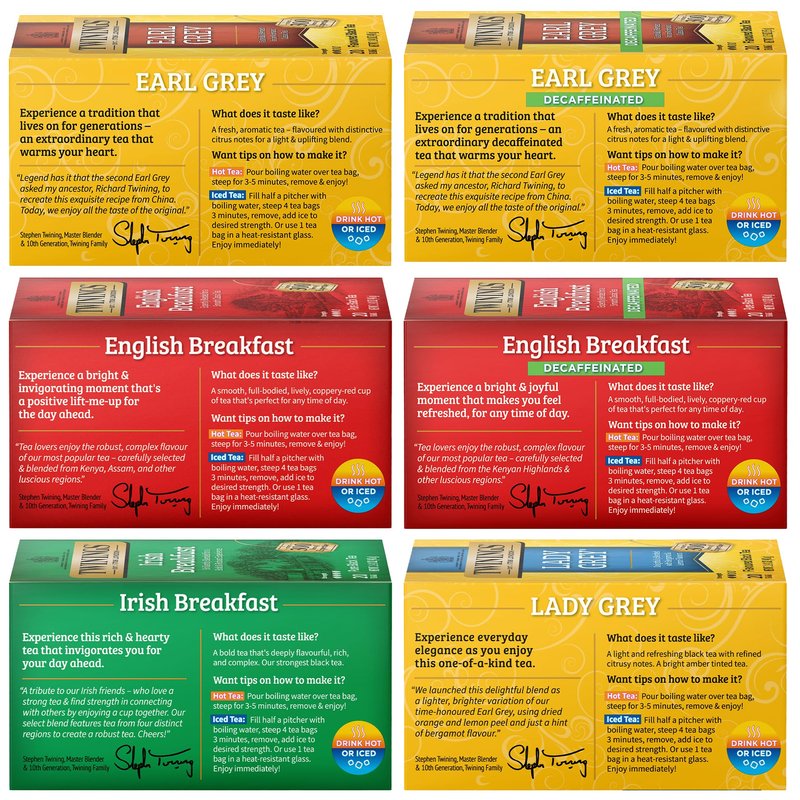 Twinings Tea Variety 6-Pack – Earl Grey, English Breakfast, Irish Breakfast, Decaffeinated Earl Grey, Decaffeinated English Breakfast, Lady Grey Tea Bags, 20 Count Each