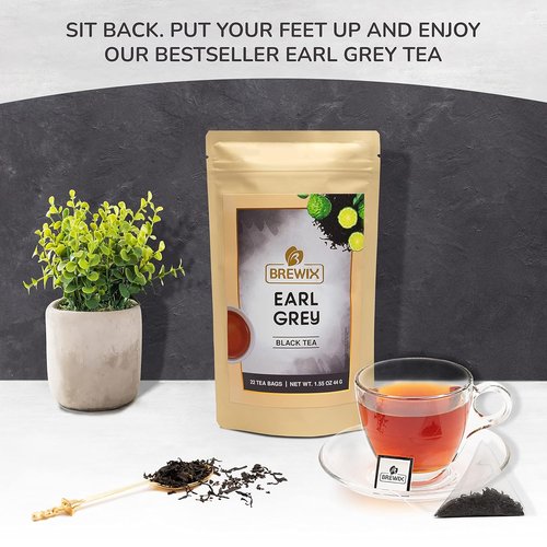 BREWIX Earl Grey Tea Bags - 22 Pyramid Bags of Long Leaf Indian Black Tea with Bergamot | Resealable Ziplock Pouch