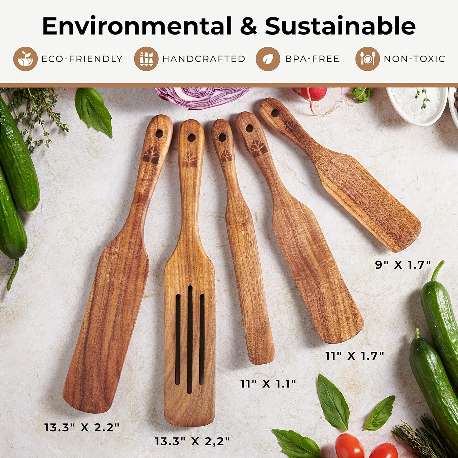 Woodenhouse Teak Spurtle Set of 5 - Non-Stick Kitchen Tools for Serving, Stirring & Mixing