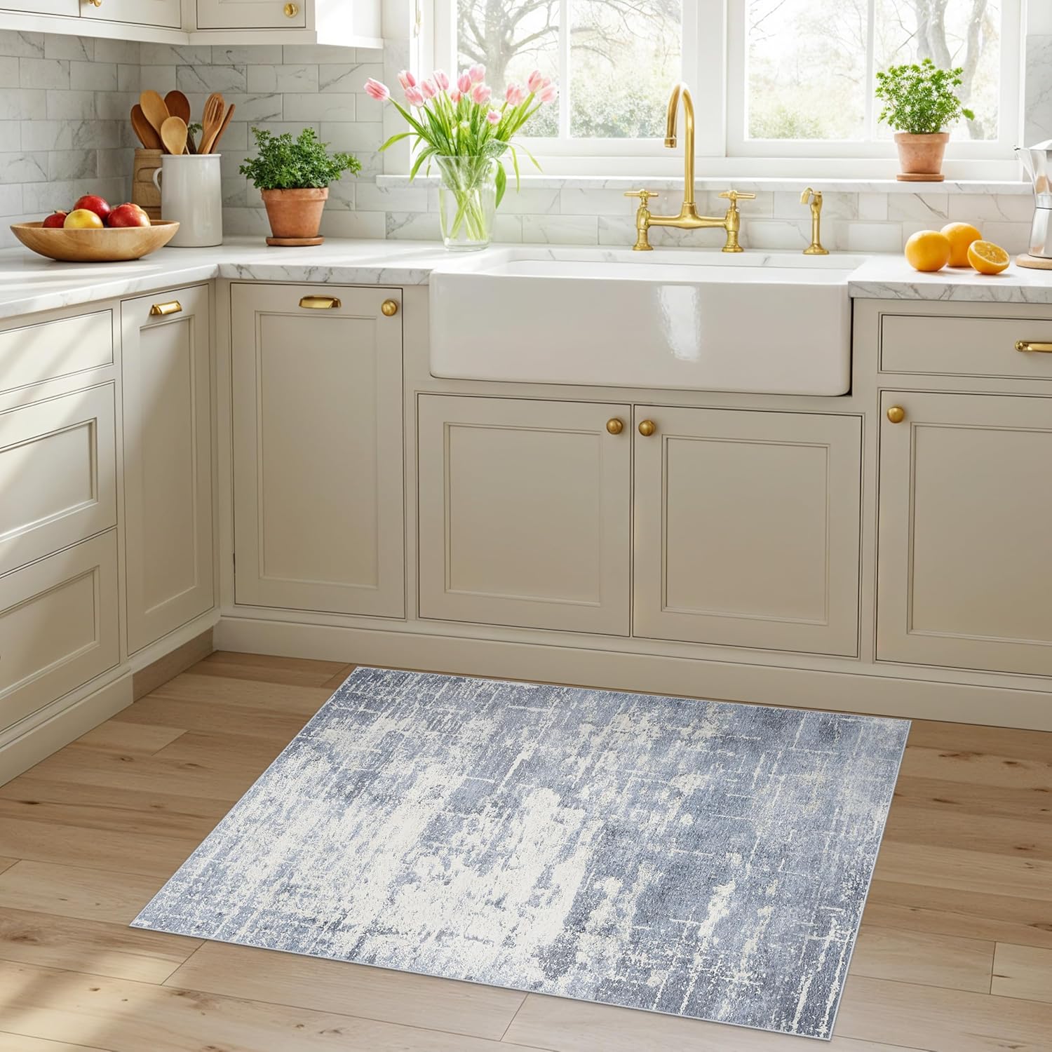 Skiennix Washable 2x3 Entryway Area Rug - Modern Abstract Soft Non-Slip Carpet in Blue/Ivory