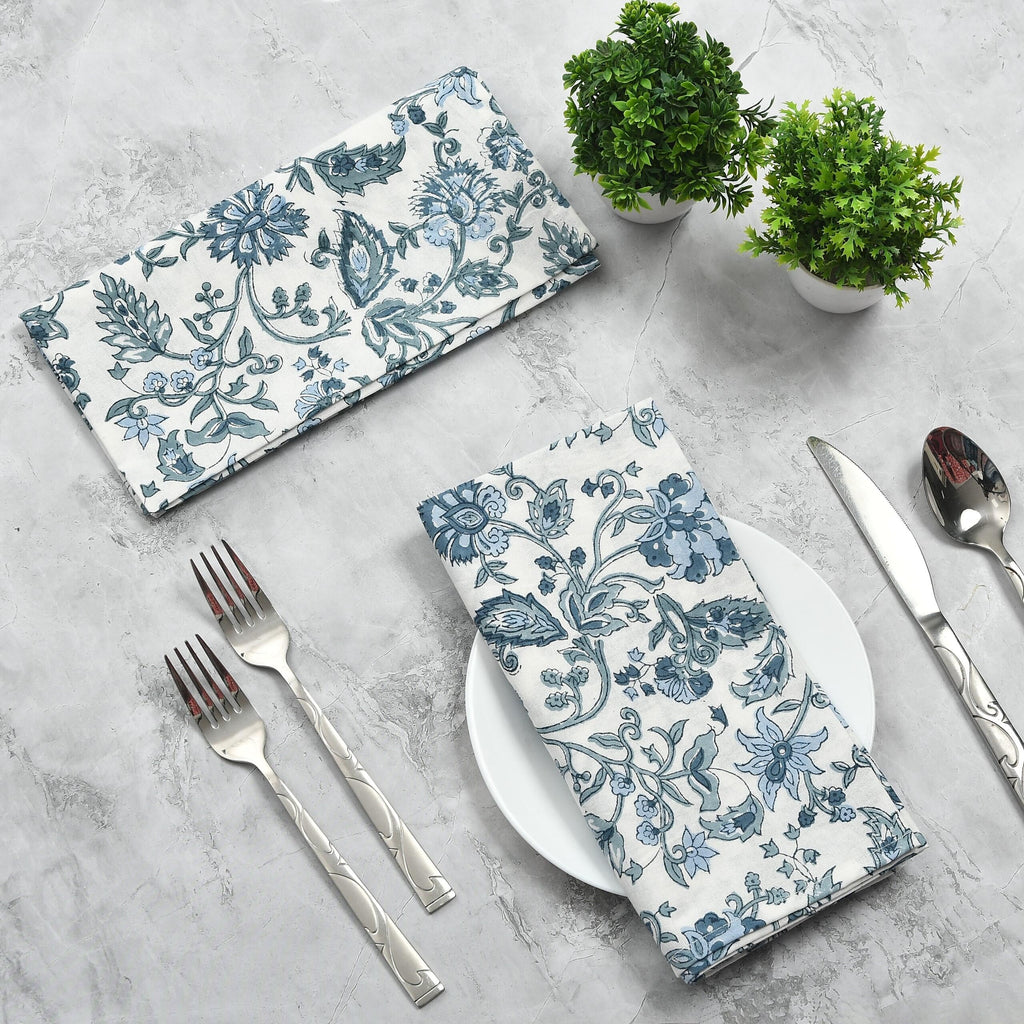CPC Cloth Napkins Set of 6 Cotton Printed Dinner Hand Print Napkins I Wedding Cocktail Cloth Floral Napkins I 18x18 in I Blue Flower
