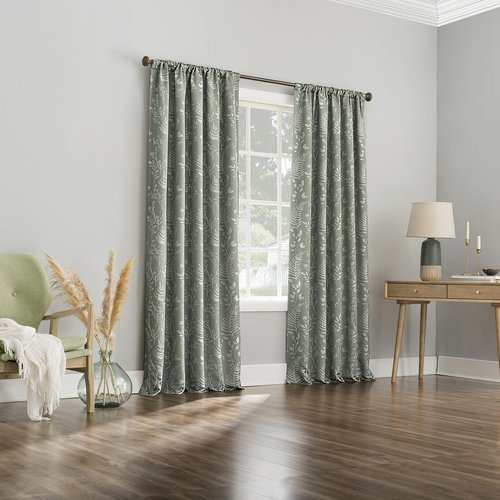 Sun Zero Ambridge 2-Pack Embroidered Botanical Leaf Pleated Look 100% Blackout Back Tab Curtain Panel Pair, 50" x 84", Sage Green