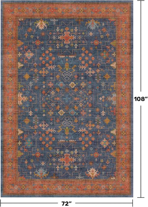 Hazo Haus 6x9 Dining Room Rug - Washable Non-Slip Area Rug in Navy Blue & Terracotta Vintage Boho Design