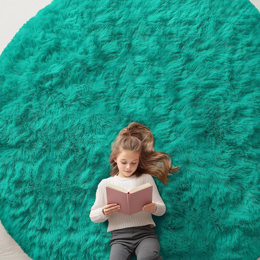 OLANLY Round Teal Green Area Rug - Soft, Fluffy, Machine Washable 9 ft Carpet for Bedroom & Living Room
