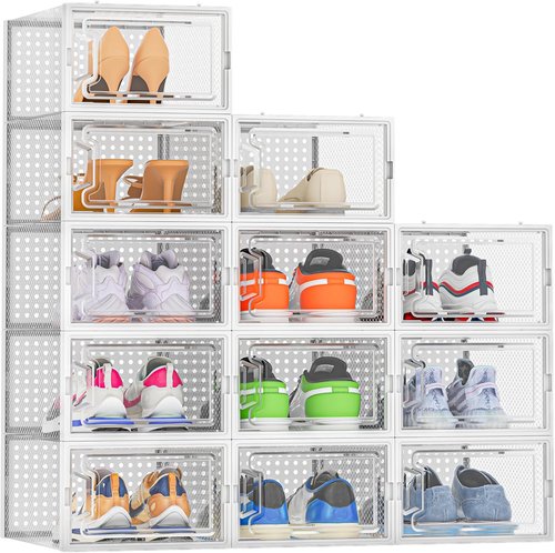 HOMIDEC Shoe Organizer - 12 Pack Clear Plastic Stackable Shoe Storage Containers for Size 10