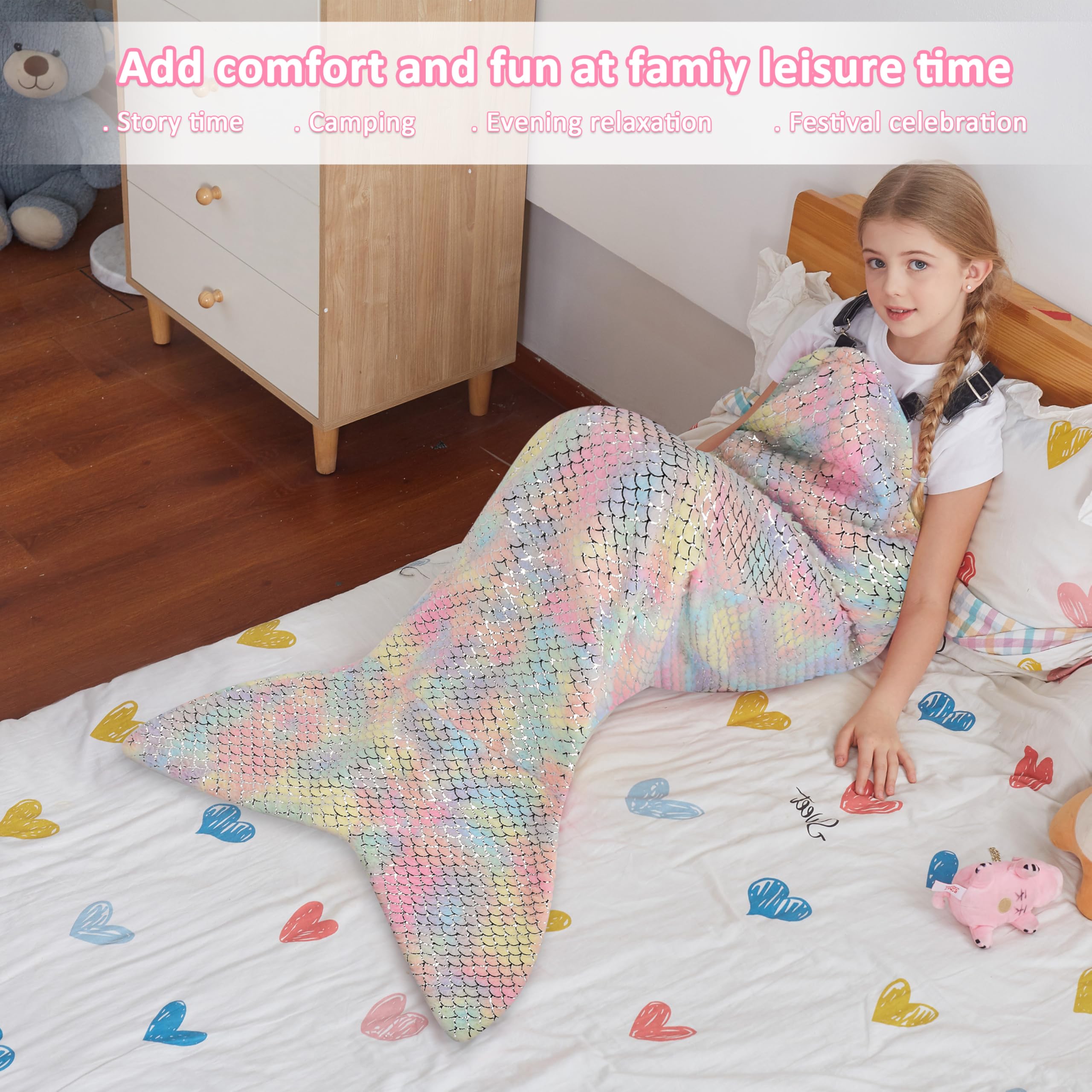 Catalonia Mermaid Blanket for Kids, Soft Plush Sleeping Snuggly Tail Blanket,Fish Scale Pattern, Mermaid Gift for Girls