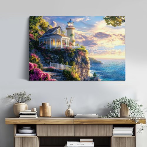 Thomas Kinkade Inspired Landscape Wall Art Classic American Countrystyle Framed Canvas Painting Artwork for Home Bedroom Office Decor Ready to Hang (Seaside Garden Villa, 30x24, Wrapped Canvas)