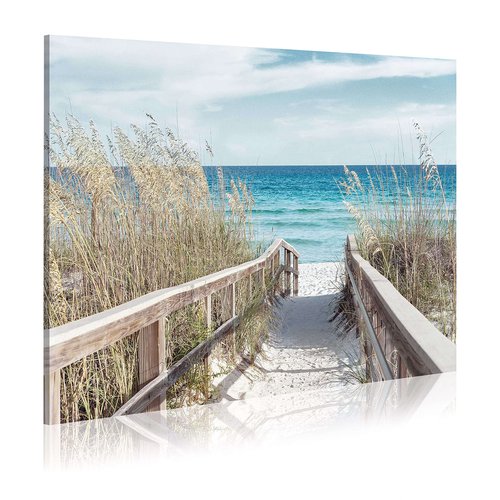 Beach Seascape Canvas Wall Art - Coastal Picture Artwork with Wooden Fence and Weeds Pathway to Ocean for Bedroom Wall Decor（24 x 18)