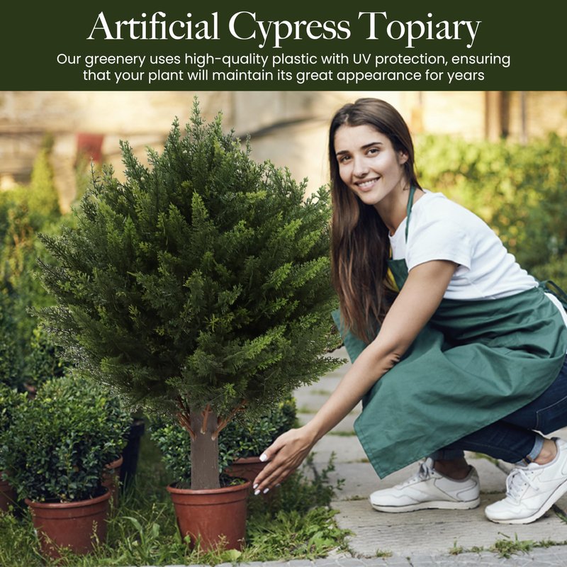 Artificial Cedar Topiary Tree, Indoor Outdoor Decorative Plant, Faux Evergreen Foliage (2, 15.7 inch Height (Leaves Diameter 15.7 inch))