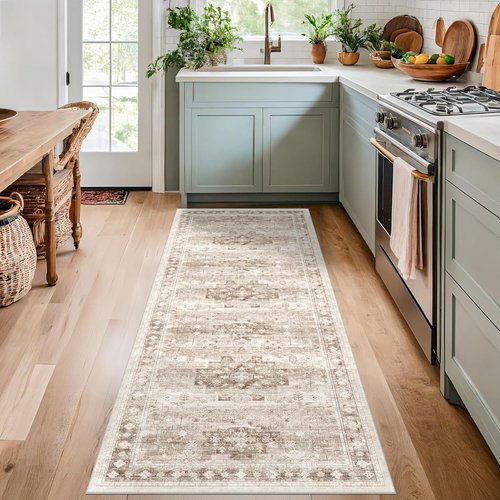 Hazo Haus Boho Long Bathroom Runner Rug - Washable Non-Slip Soft Stain Resistant | 24 x 72 Inches, Beige/Latte Floral Design