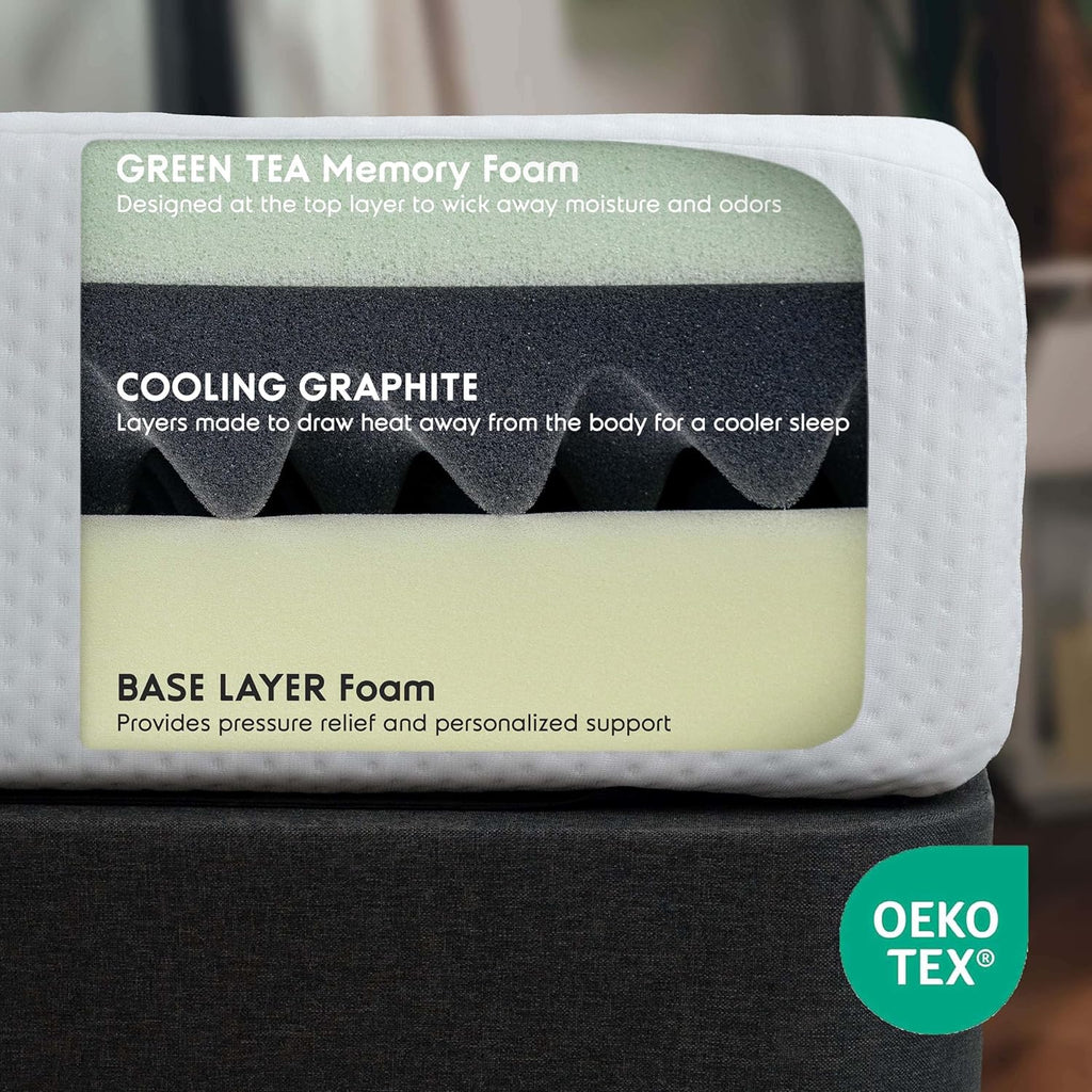 Nestl Green Tea Twin Mattress - 8 Inch Cooling Graphite Memory Foam | Fiberglass-Free, Pressure Relief Support