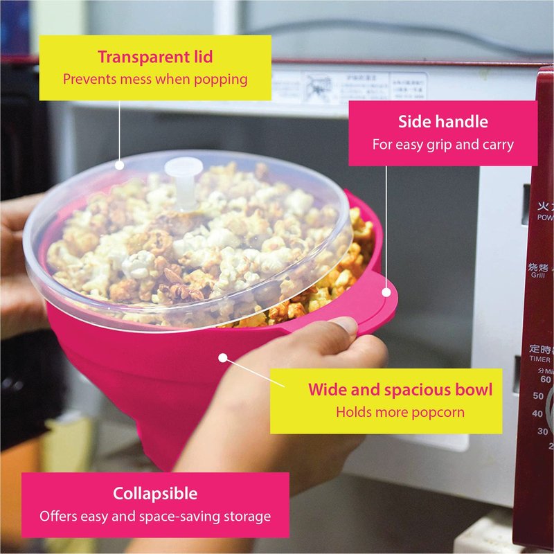 Gadgetime USA Microwave Popcorn Popper with Lids - Silicone - No Oil or Butter Required - Collapsible Bowls - BPA-Free - Movie Night Supplies - Pink