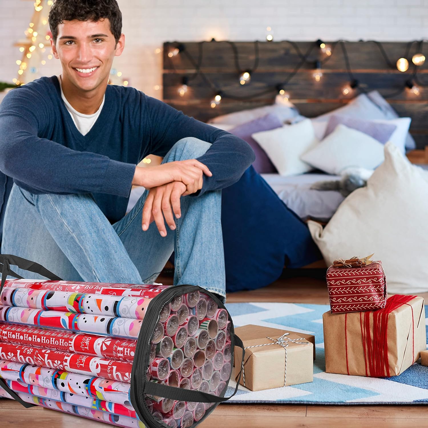 Primode Gift Wrap Organizer - Heavy Duty Wrapping Paper Storage Bag for 24 Rolls, 40 Inch Long, Clear PVC (Black)