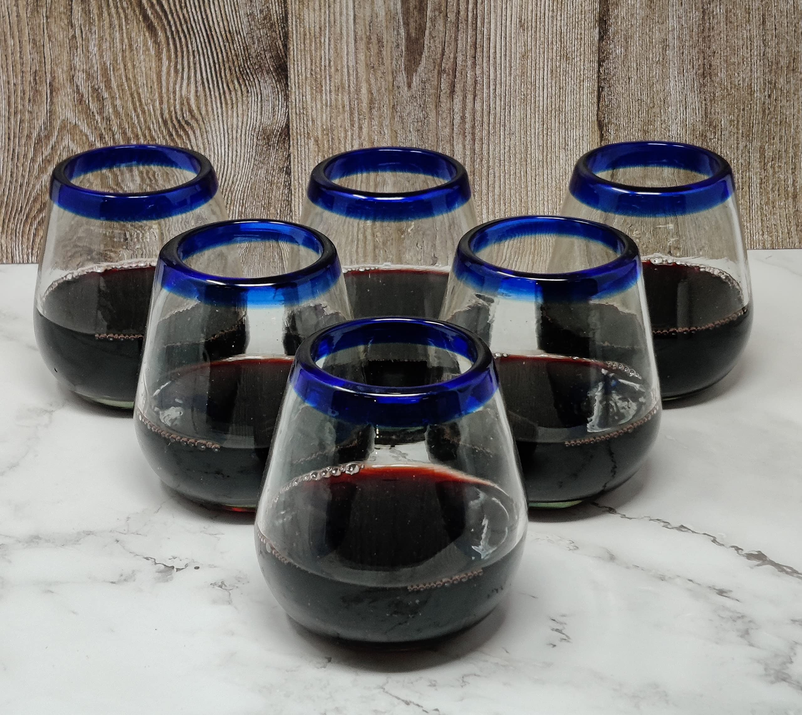 Dos Sueños Hand Blown Mexican Stemless Wine Glasses - Set of 6 Glasses with Cobalt Blue Rims (15 oz)