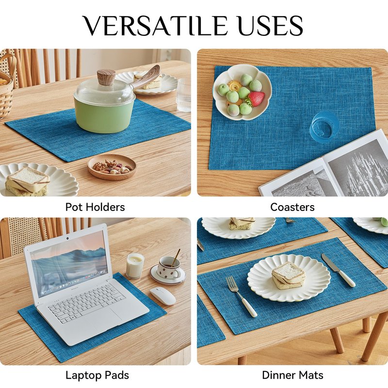 Softalker Faux Linen Placemats Set of 6-12 x 18 Inch, Heat Resistant Double Layered Durable Burlap Farmhouse Place Mats, Non-Slip Washable Rustic Table Mats for Dining, Kitchen, Party（Sky Blue