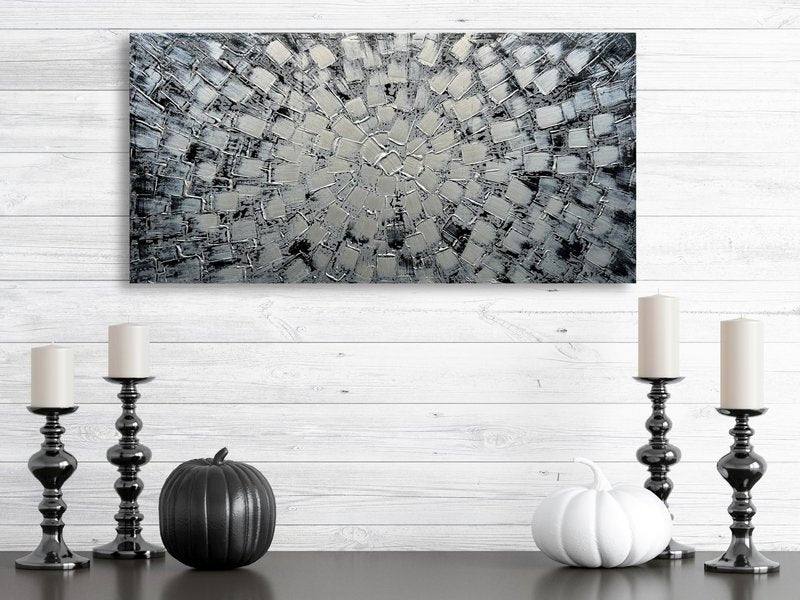 MyArton Textured Abstract Squares Canvas Wall Art Hand Painted Modern Black Silver Oil Painting Picture for Home Decoration Ready to Hang Horizontal or Vertical 40x20inch