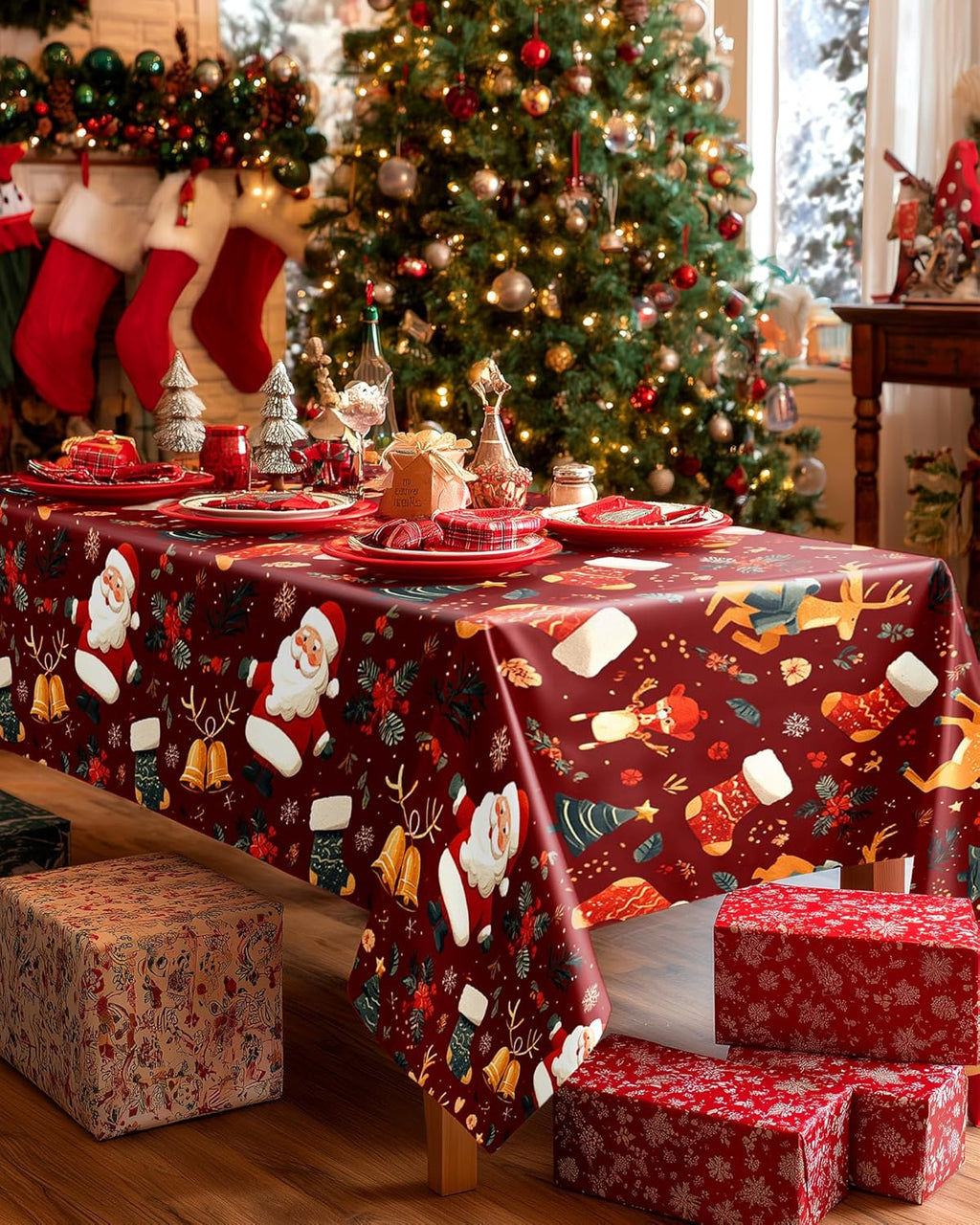Pureegg Disposable Plastic Tablecloths - Sturdy Leakproof 54 x 108 Inch Rectangle Covers | Christmas Red, 8 Pack