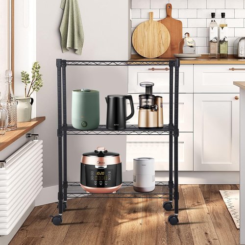 BestOffice 3-Tier Wire Storage Shelves - Heavy-Duty Metal with Wheels | Adjustable Racks | 23x13x31 | Black | Easy No-Tool Assembly